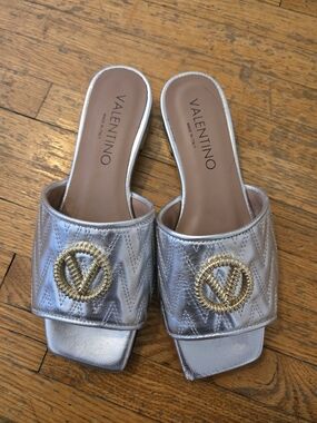 Valentino Silver Quilted Slide Sandals with Gold Emblem